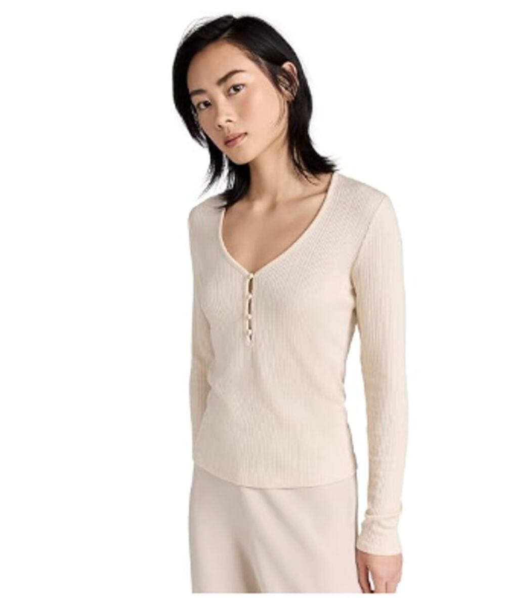 NWOT Vince V-Neck Henley in Birch Cream Light Tan Ribbed Medium